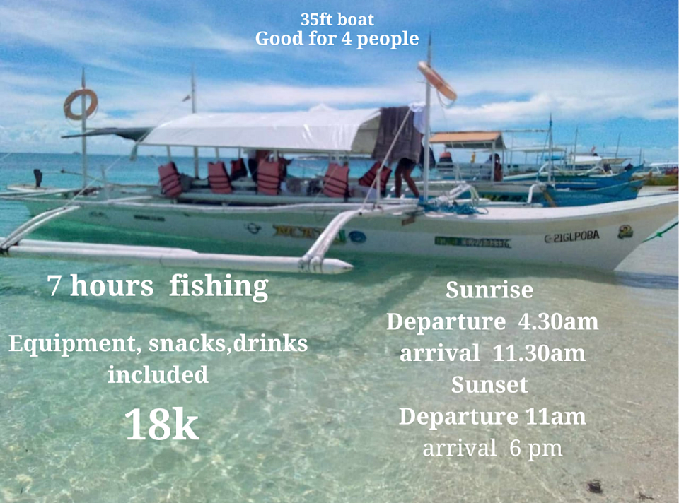 Fishing boat 35ft. For 4 people.  7 hours fishing.                          18k pesos.