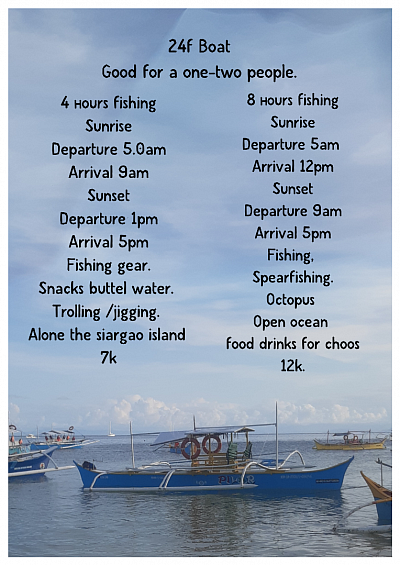 🚤 24ft Private Boat Ideal for 2 guests. 8 hours &ndash; 12000   ✔ All-inclusive package ✔ Fishing gear provided ✔Snorkeling / spearfishing. Snacks & drinks lunch included.  Coast for the boat.