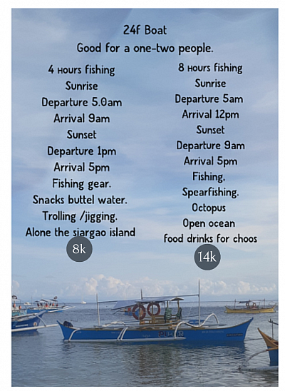 🚤 24ft Private Boat Ideal for 2 guests. 8 hours &ndash; 12000   ✔ All-inclusive package ✔ Fishing gear provided ✔Snorkeling / spearfishing. Snacks & drinks lunch included.  Coast for the boat.